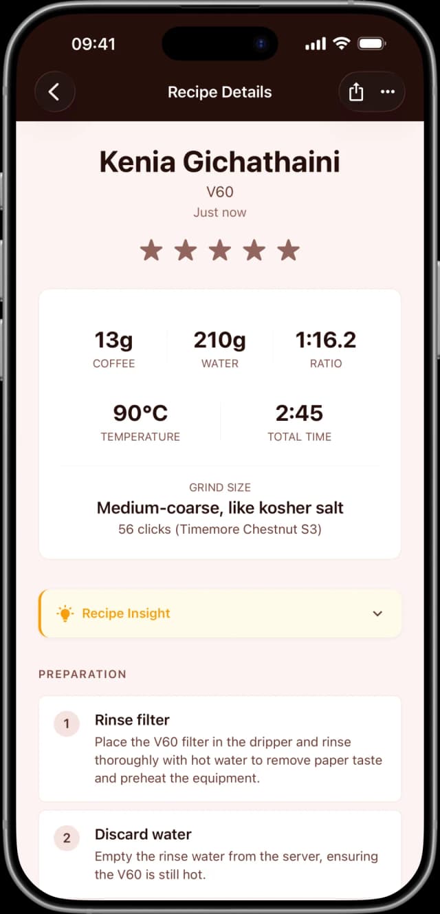 Coffee Master app showing a personalized V60 recipe for Kenia Gichathaini with brew parameters, grind size, and step-by-step preparation